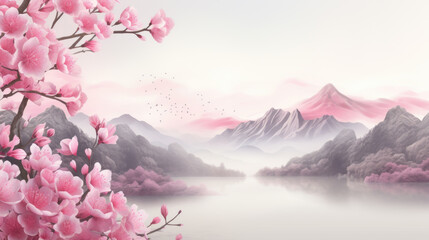 Serene painting of mountain lake surrounded by vibrant pink flowers. Perfect for adding touch of nature's beauty to any space