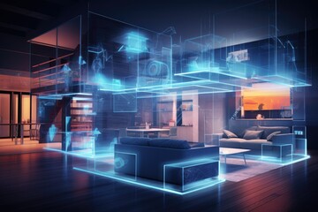 Obraz premium Modern house interior with a digital hologram effect, Interior of modern living room with glowing lights. 3D rendering. AI generated
