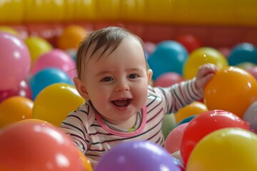 Fototapeta na wymiar Joyful Baby Girl Splashing In Ball Pit, Radiating Pure Happiness At Play
