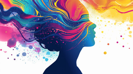 Colorful Lines Radiate from Woman's Profile. Neurodiversity Concept. Abstract banner for neuro diversity month celebration. - obrazy, fototapety, plakaty