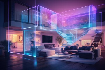Modern house interior with a digital hologram effect, Interior of modern living room with glowing lights. 3D rendering. AI generated