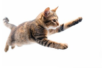 Adorable Shorthair Cat Captured In Midair On White Background