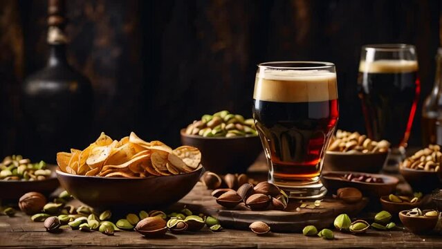 glasses with dark beer, various snacks on the table