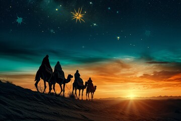 Three Wise Men Journeying On Camel To Witness The Birth Of Jesus