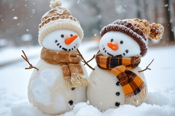 Two Adorable Snowmen Embrace The Joy Of Winter, Fostering Childhood Memories - obrazy, fototapety, plakaty