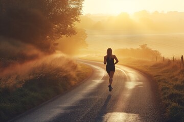 Fototapeta na wymiar Promoting A Healthy Lifestyle: Woman Exercising On A Country Road At Sunrise