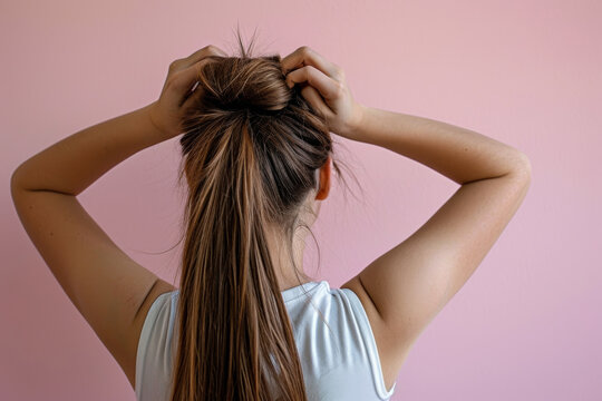 Styling Hair: Woman Tying Her Hair Into A Ponytail