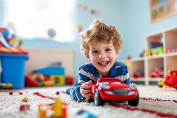 Young Boy Happily Playing With Red Toy Car In His Playroom