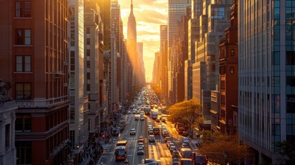 New York City's Skyline in Warm Hues. Skyscrapers Reflecting Dynamic Energy and Bustling Streets Below Capture the Essence of Urban Life - obrazy, fototapety, plakaty