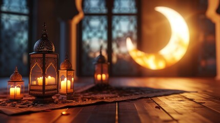 the Spirit of Ramadan, Featuring a Mosque, Crescent Moon, and Lanterns, Enhanced by Meticulous Lighting and Shadows for Depth and Realism - obrazy, fototapety, plakaty