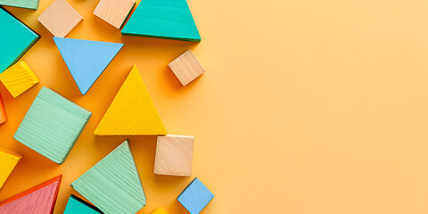 Photo of colored wooden blocks for children's development to the left of the center of the composition on a colored background, top view, copy space on the right