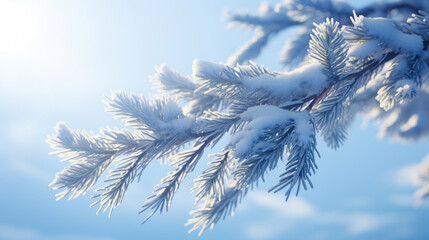 Branch of pine tree covered in layer of snow. This image can be used to depict winter landscapes, Christmas scenes, or nature's beauty during snowy season