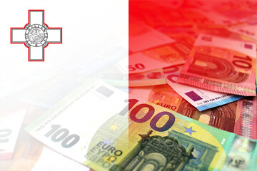 Euro banknotes colored in the colors of the flag of Malta. Gradient overlay of the Maltese flag on...