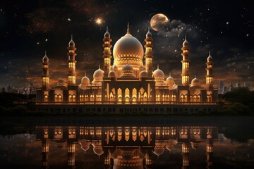 Obraz premium The beautiful serene mosque at night The beautiful serene mosque at night in the blessed month of Ramadan. AI generated