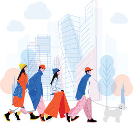 Modern happy character people set. Young fashion men, women walking on street, standing in autumn clothes, fall apparel. Urban person with dog, bag, hat. Flat, doodle, outline vector illustration.