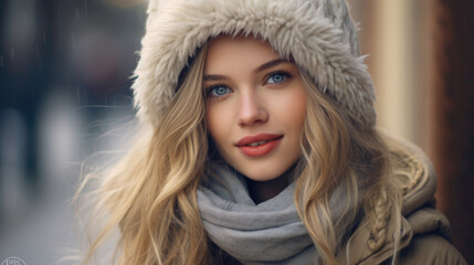 Woman wearing furry hat and scarf. Suitable for winter fashion or cold weather concepts