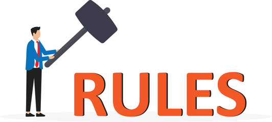 Breaking the rules for success, Businessman hitting word of rules with hammer concept,
