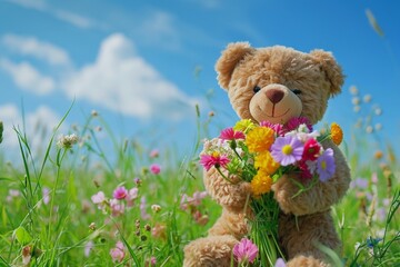 Sweet teddy bear holding a bouquet of vibrant wildflowers standing in a field of green grass with a clear blue sky overhead