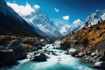 Mountain river in the Himalayas, Mountain landscape with river and blue sky in Himalayas ,Baishui River. Ai generated