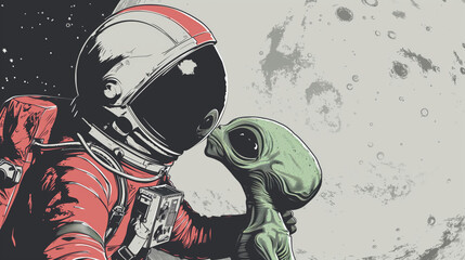 Astronaut in a spacesuit kisses an alien in open space. - obrazy, fototapety, plakaty