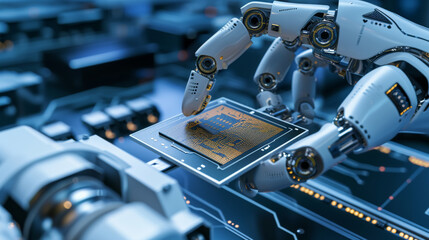 Fototapeta premium robotic arm is seen installing a processor onto a motherboard