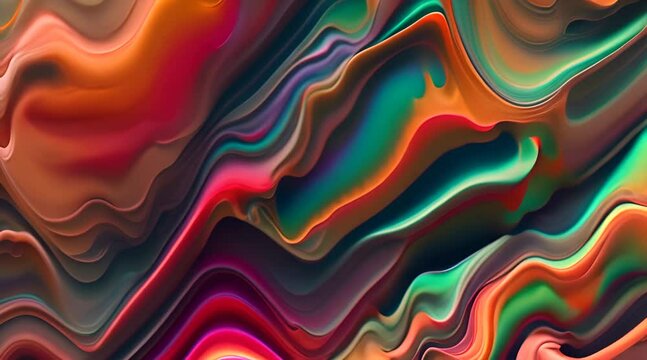 Abstraction with wavy, multicolored stripes. Stripes are arranged in a way that creates a sense of depth and dimensionality. Colors used are primarily orange and blue, with some green elements
