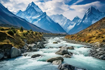 Photo sur Aluminium brossé Himalaya Mountain river in the Himalayas, Mountain landscape with river and blue sky in Himalayas ,Baishui River. Ai generated
