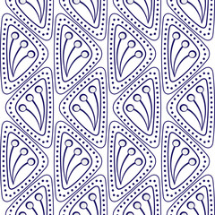 Blue rounded triangles and dots on white background. Stilized flowers ornament with repeating triangles. Seamless pattern in classic style. Vector illustration for printing design projects and cards.
