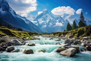 Fototapeta na wymiar Mountain river in the Himalayas, Mountain landscape with river and blue sky in Himalayas ,Baishui River. Ai generated
