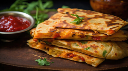 Stack of quesadillas neatly arranged on wooden cutting board. Perfect for Mexican cuisine or food-related projects