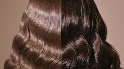 Fototapeta premium close-up of a person's hair, displaying a range of brown tones with a soft curl, against a neutral background, highlighting the hairstyle and hair color