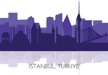 Silhouettes of Istanbul, vector illustration. Famous architecture landmarks Topkapi palace, Sultanahmet Mosque, German fountain, Galata Tower, TV tower, Bosphorus Bridge