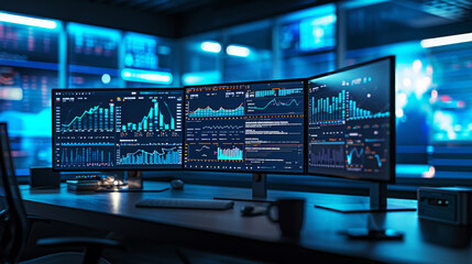 high-tech workstation with multiple computer monitors displaying graphs and analytical data