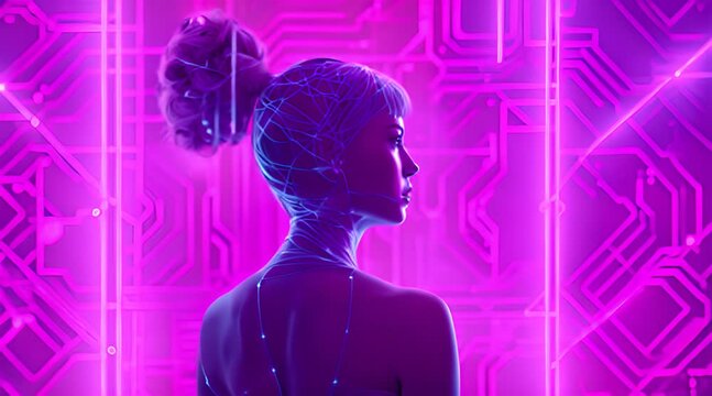 Female depicted with a mind map overlay on her head against a pink backdrop featuring computer circuitry patterns. Technological integration with human thought concept. Technology and cognition