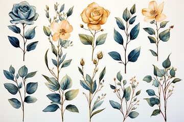 Watercolor design elements blue beige flowers, leaves, eucalyptus, branches set for wedding...