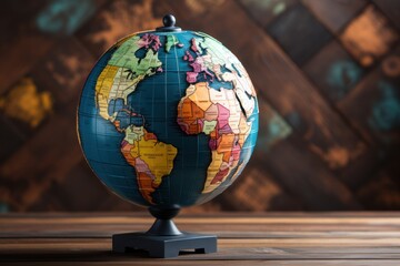 Colorful political globe on a wooden surface, showcasing geographical education and cultural diversity