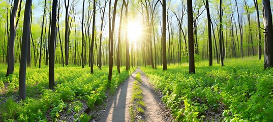 Sun rays shining through silent spring forest creating magical nature background