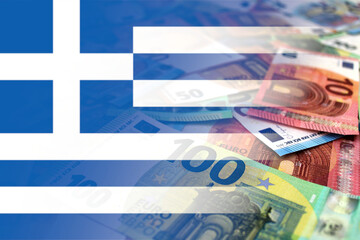 Euro banknotes colored in the colors of the flag of Greece. Gradient overlay of the Greek flag on...