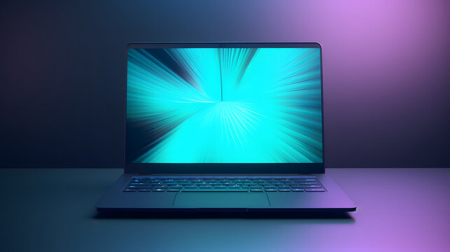 Laptop with a colorful screen on a solid matte background, space for copy.