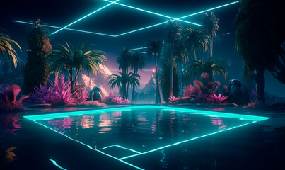 Virtual neon swimming pool with tropical plants background. Digital 3d cyber room with blue spa with water and glowing border with reflection of bushes and purple palm trees for techno design