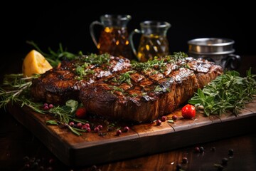 Grilled steaks with spices and herbs on the board and black background ai generative, generative IA