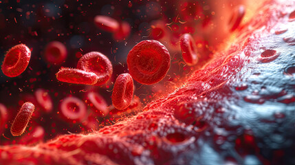 red blood cells flowing in a vessel. 