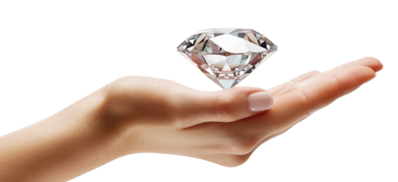 A hand holding a diamond isolated on transparent background.