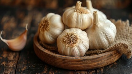 Realistic photo image. heads of garlic on a wooden table. black background. no text 