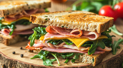 Detailed view of sandwich placed on cutting board. This image can be used to showcase food preparation or for food blog or menu design