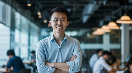 Confident and successful asian man smiling and looking determined in business attire - obrazy, fototapety, plakaty