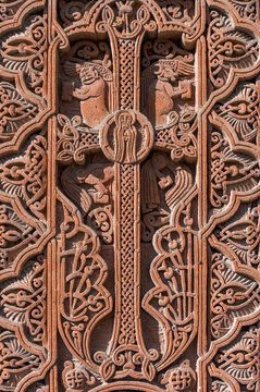 Fragment of old khachkar. Monastery in Echmiadzin