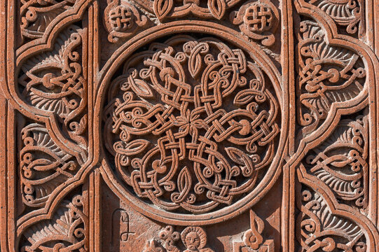 Fragment of old khachkar. Monastery in Echmiadzin