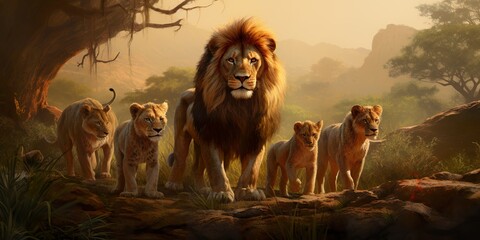 majestic family of lions in the jungle - obrazy, fototapety, plakaty