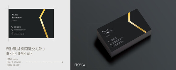 Premium business card design with black background and golden line, visiting card template, cutaway mockup, calling card ready for printing, identification card with icons for contact information